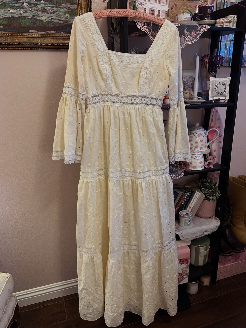 Boho Vintage Eyelet Maxi Dress in Butter Yellow